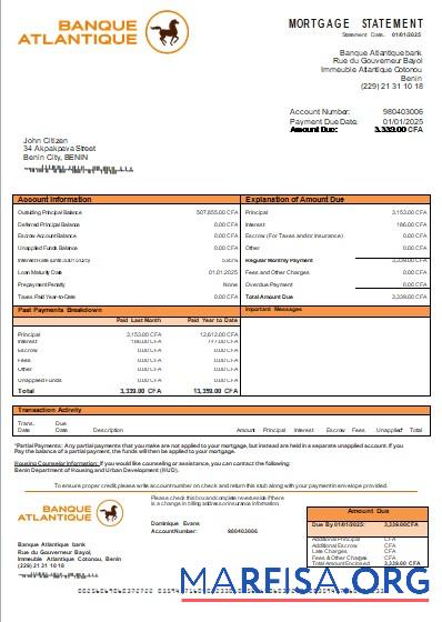 Realistic Benin Banque Atlantique bank mortgage statement scr template